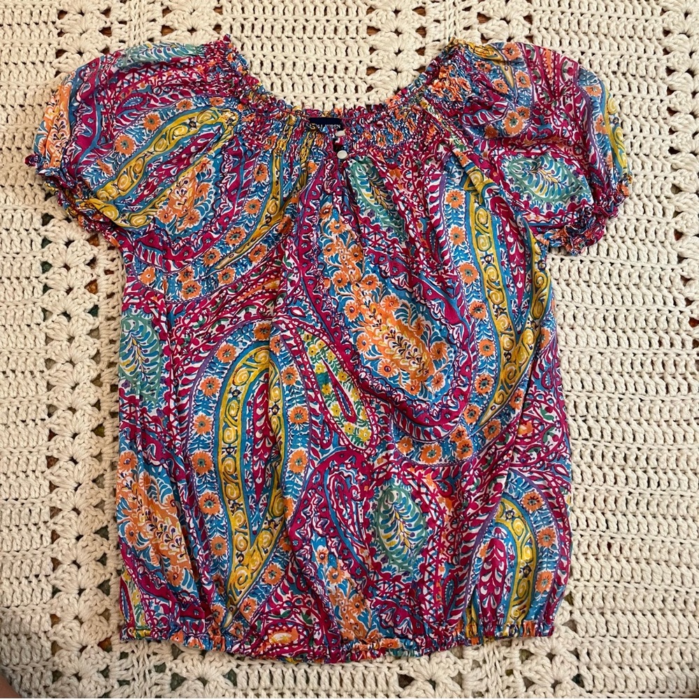 Ralph Lauren Girls Bright Colors Paisley Lightweight Smocked Neck Top Size 12
